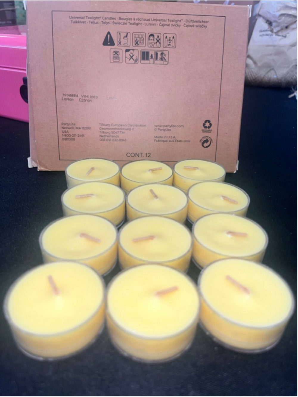 PartyLite Round Tealights Candles Yellow LEMON Scent Box of 12